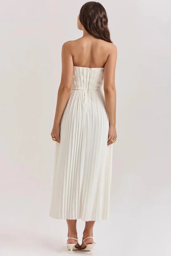 Women’s Anaflor Corset Pleated Midi Dress – Sweetheart Neck Boned Bustier Plissé Skirt Elegant Evening & Occasion Dress for Weddings & Events