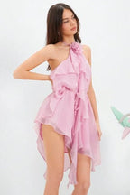 Women’s Anneliese Halter Romper Dress – Dusty Rose Silk Chiffon Layered Ruffle Mini Dress with Floral Neck Detail for Weddings, Resort & Party Wear