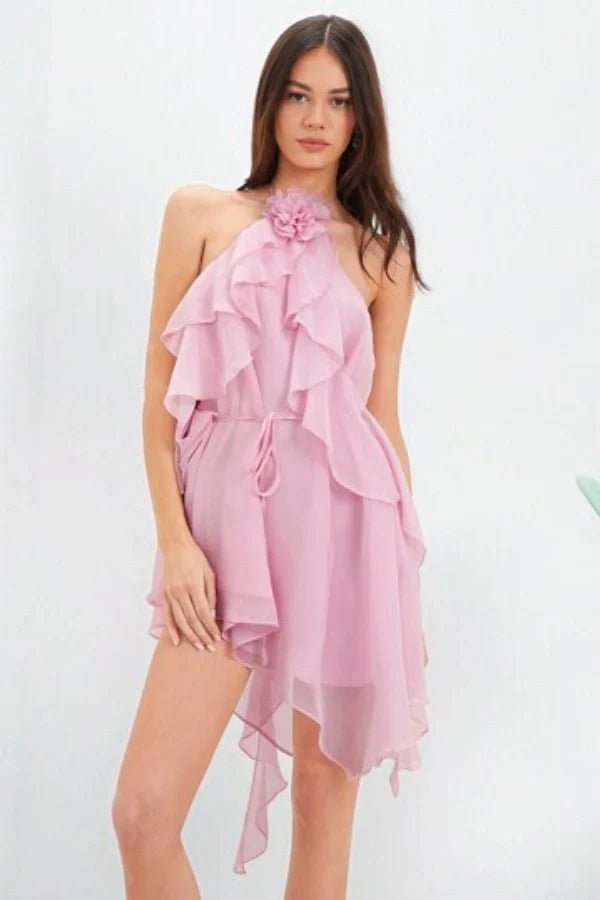 Women’s Anneliese Halter Romper Dress – Dusty Rose Silk Chiffon Layered Ruffle Mini Dress with Floral Neck Detail for Weddings, Resort & Party Wear