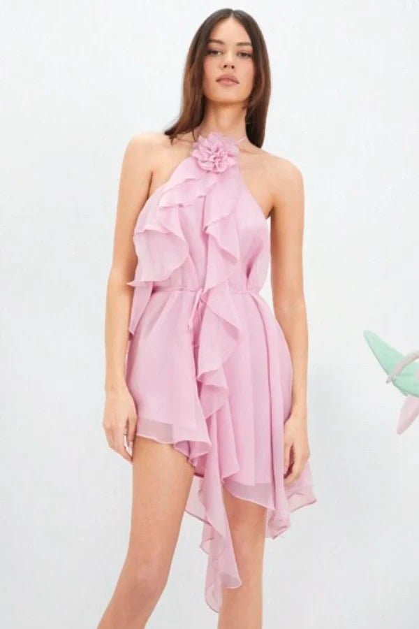 Women’s Anneliese Halter Romper Dress – Dusty Rose Silk Chiffon Layered Ruffle Mini Dress with Floral Neck Detail for Weddings, Resort & Party Wear