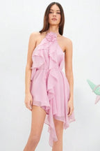 Women’s Anneliese Halter Romper Dress – Dusty Rose Silk Chiffon Layered Ruffle Mini Dress with Floral Neck Detail for Weddings, Resort & Party Wear