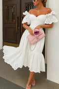 Women’s Annie Off Shoulder Eyelet Lace Cotton Dress – Tiered Puff Sleeve Summer Midi Dress for Vacation, Garden Party & Resort Wear