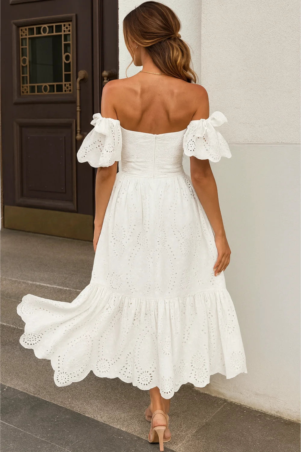 Women’s Annie Off Shoulder Eyelet Lace Cotton Dress – Tiered Puff Sleeve Summer Midi Dress for Vacation, Garden Party & Resort Wear