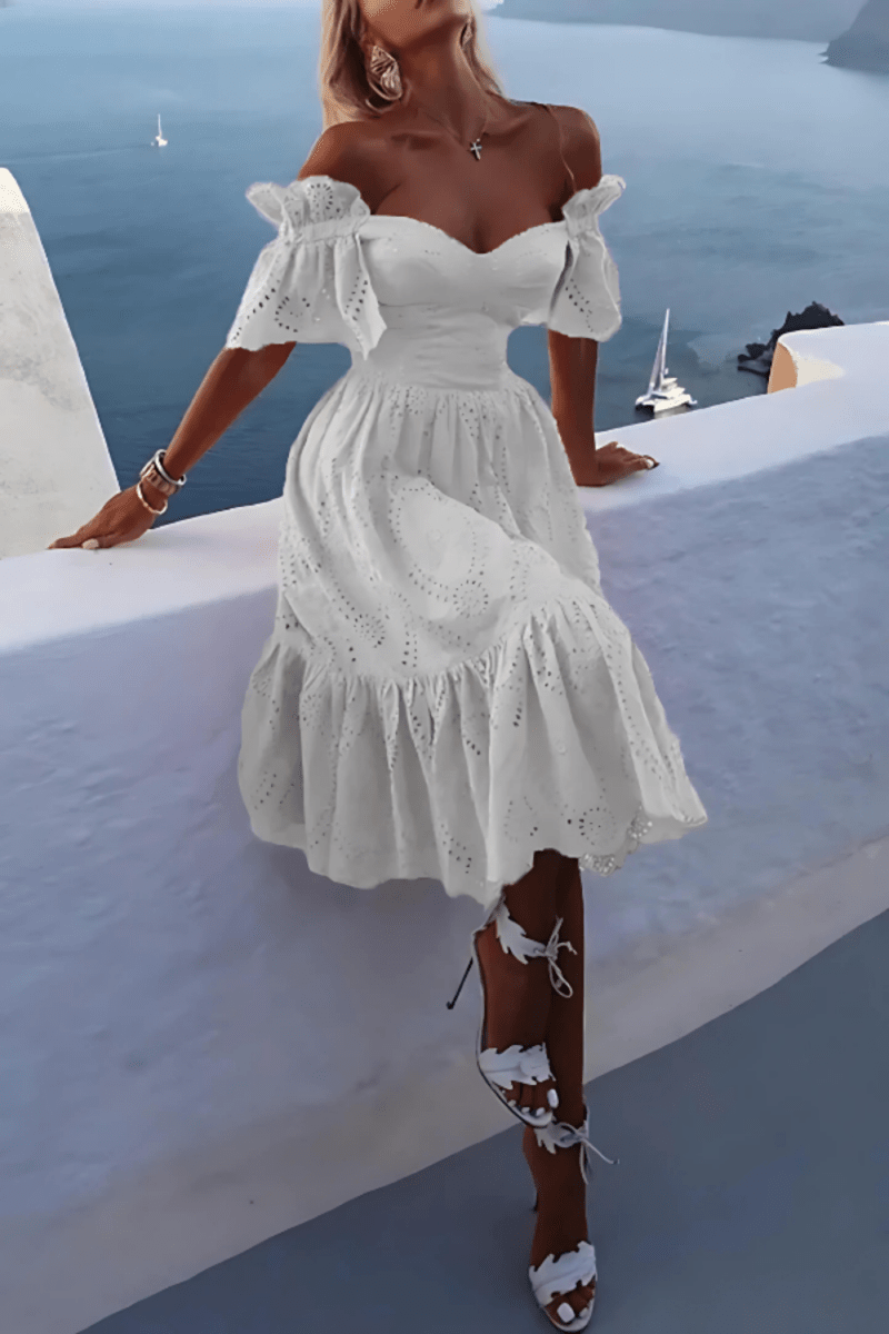 Women’s Annie Off Shoulder Eyelet Lace Cotton Dress – Tiered Puff Sleeve Summer Midi Dress for Vacation, Garden Party & Resort Wear