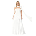 Women’s Aphrodite Strapless Pleated Gown – Asymmetrical White Evening Dress with Scarf Neckline for Weddings, Galas & Formal Events