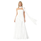 Women’s Aphrodite Strapless Pleated Gown – Asymmetrical White Evening Dress with Scarf Neckline for Weddings, Galas & Formal Events
