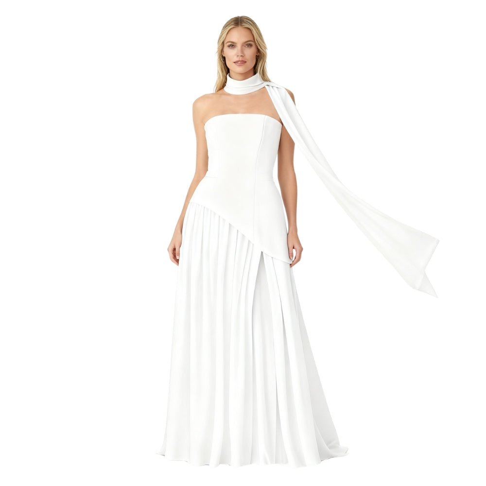Women’s Aphrodite Strapless Pleated Gown – Asymmetrical White Evening Dress with Scarf Neckline for Weddings, Galas & Formal Events