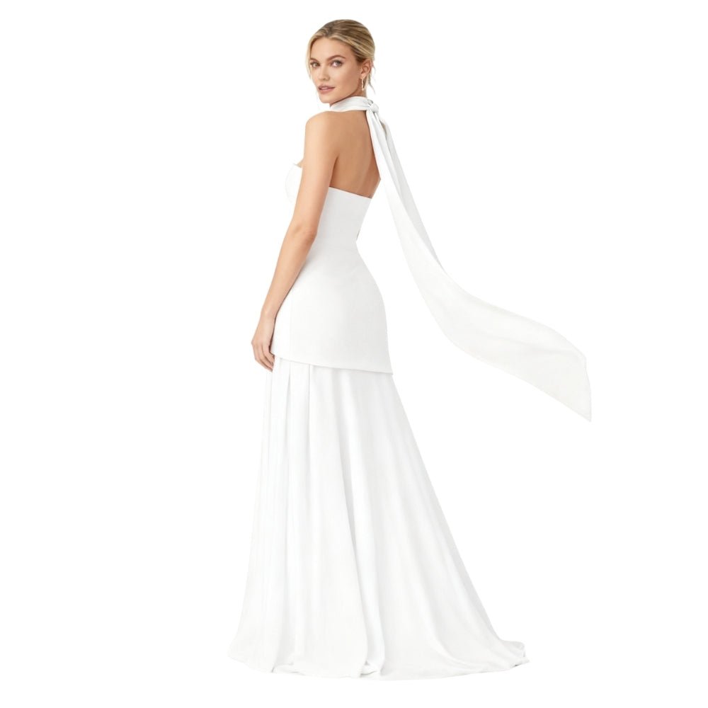 Women’s Aphrodite Strapless Pleated Gown – Asymmetrical White Evening Dress with Scarf Neckline for Weddings, Galas & Formal Events