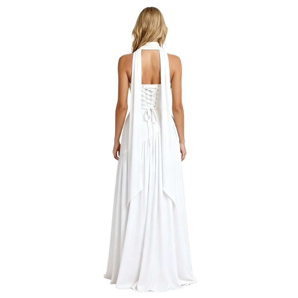 Women’s Aphrodite Strapless Pleated Gown – Asymmetrical White Evening Dress with Scarf Neckline for Weddings, Galas & Formal Events