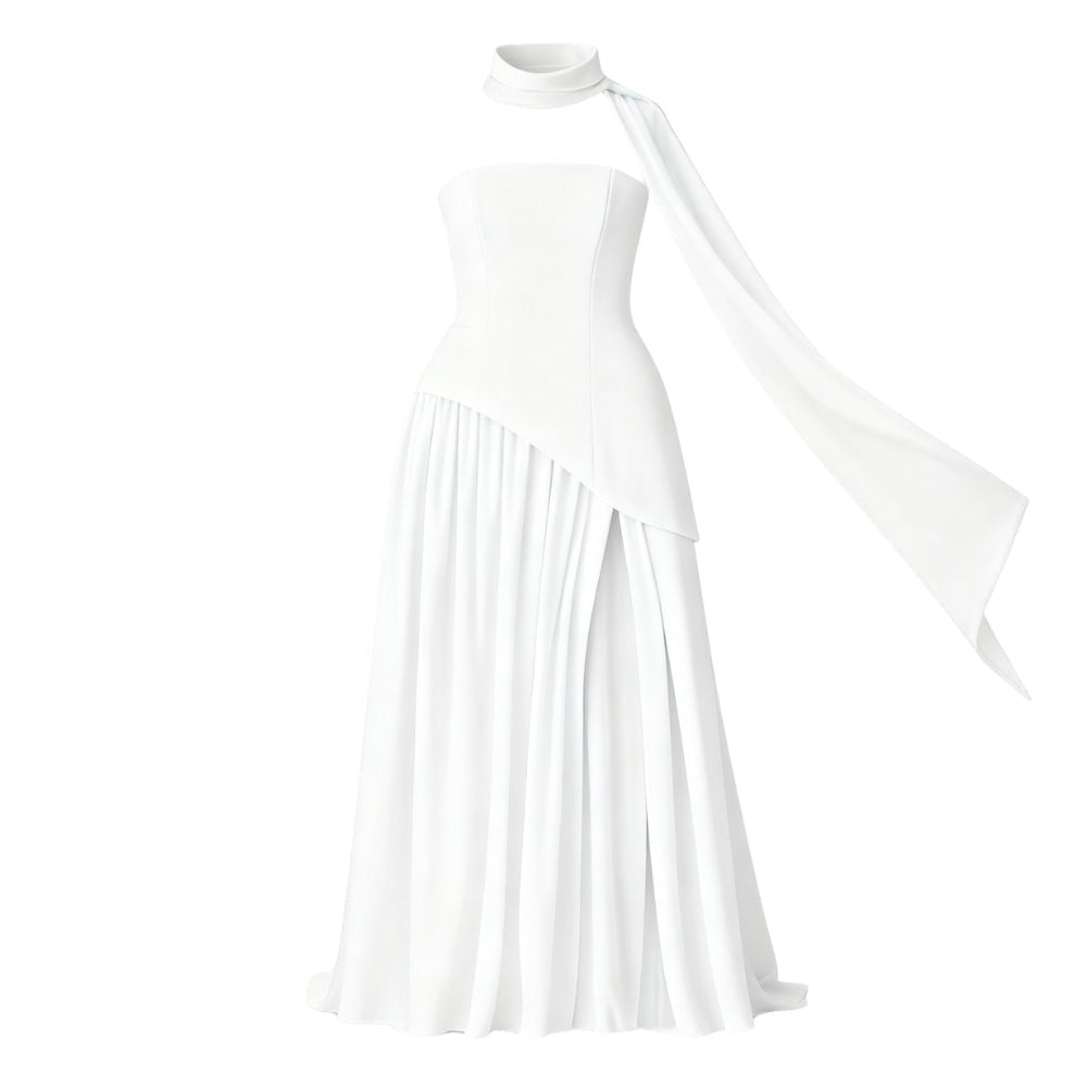 Women’s Aphrodite Strapless Pleated Gown – Asymmetrical White Evening Dress with Scarf Neckline for Weddings, Galas & Formal Events