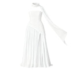 Women’s Aphrodite Strapless Pleated Gown – Asymmetrical White Evening Dress with Scarf Neckline for Weddings, Galas & Formal Events