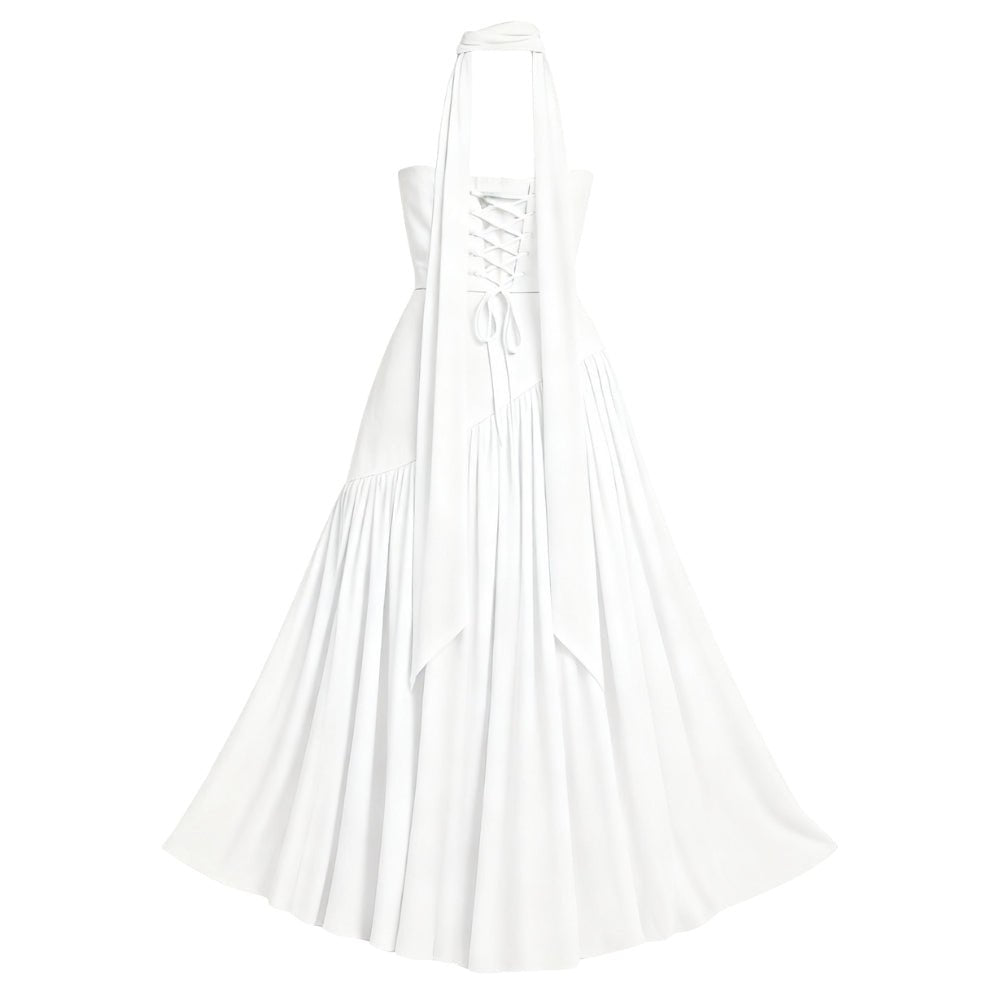 Women’s Aphrodite Strapless Pleated Gown – Asymmetrical White Evening Dress with Scarf Neckline for Weddings, Galas & Formal Events