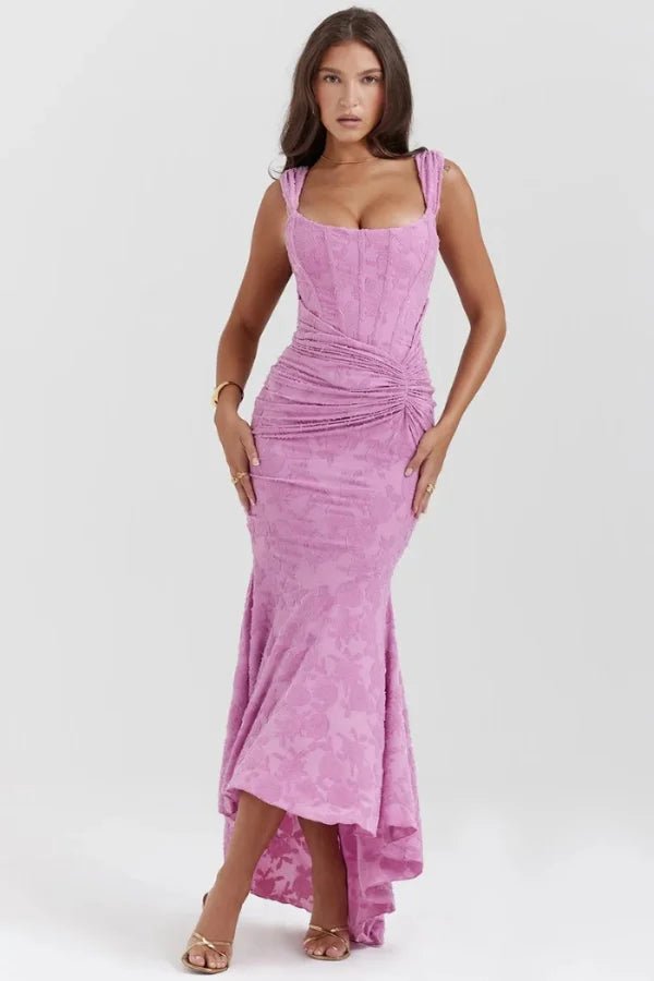 Arabella Pink Jacquard Corset Gown – Structured High-Low Mermaid Evening Dress