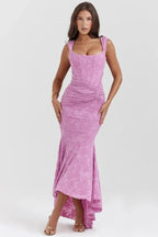 Arabella Pink Jacquard Corset Gown – Structured High-Low Mermaid Evening Dress