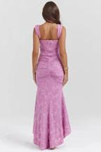 Arabella Pink Jacquard Corset Gown – Structured High-Low Mermaid Evening Dress