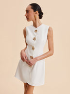 Women’s Cotton Linen Sleeveless Dress — Collarless Short Elegant Casual Work Party Dress with Invisible Zipper