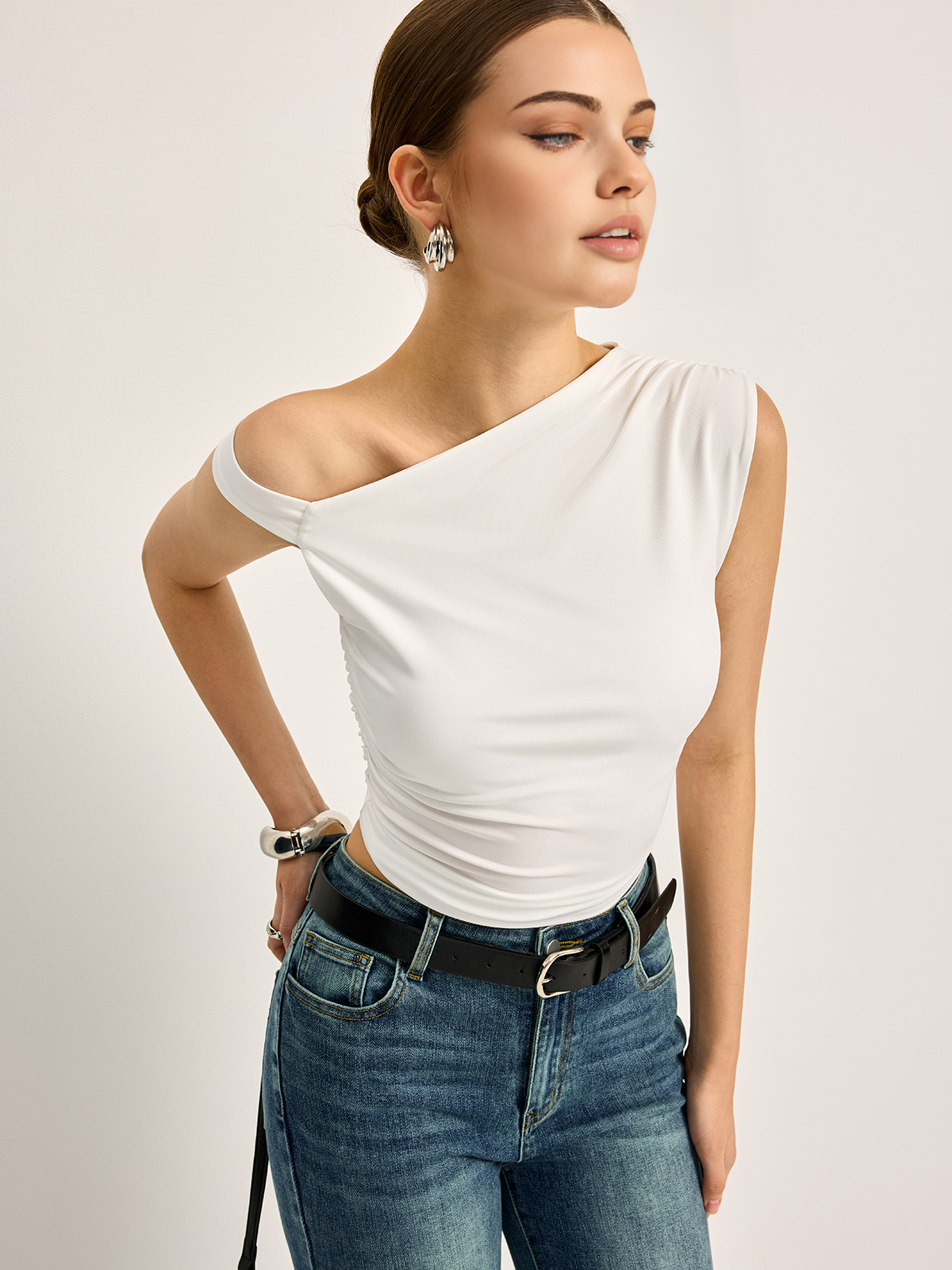 Women’s Asymmetrical Neck Jersey Top — Short Sleeve Stretch Regular Fit Casual Work Essential Blouse