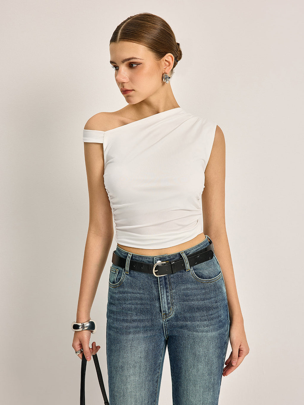 Women’s Asymmetrical Neck Jersey Top — Short Sleeve Stretch Regular Fit Casual Work Essential Blouse