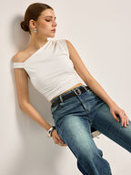 Women’s Asymmetrical Neck Jersey Top — Short Sleeve Stretch Regular Fit Casual Work Essential Blouse