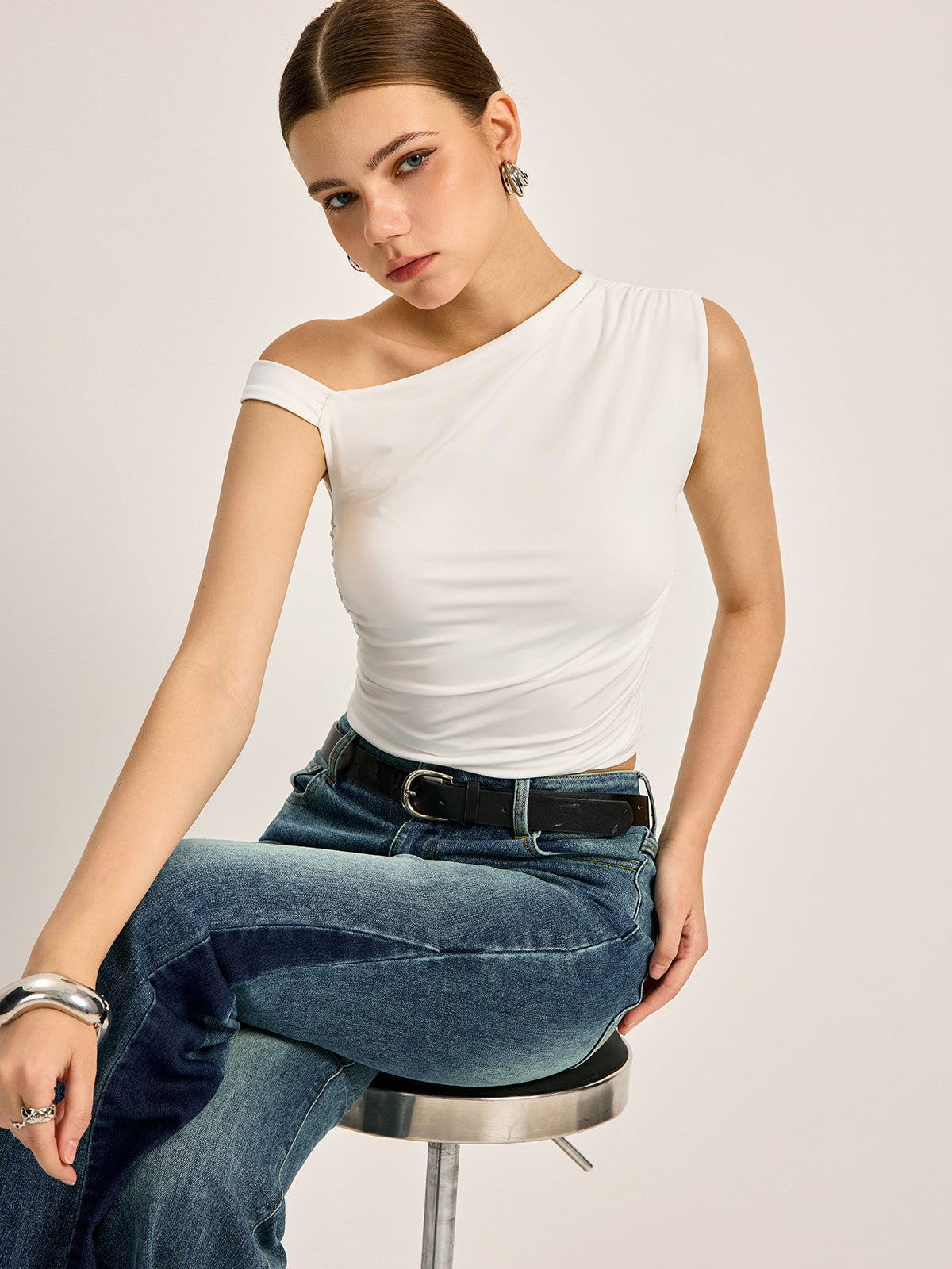 Women’s Asymmetrical Neck Jersey Top — Short Sleeve Stretch Regular Fit Casual Work Essential Blouse
