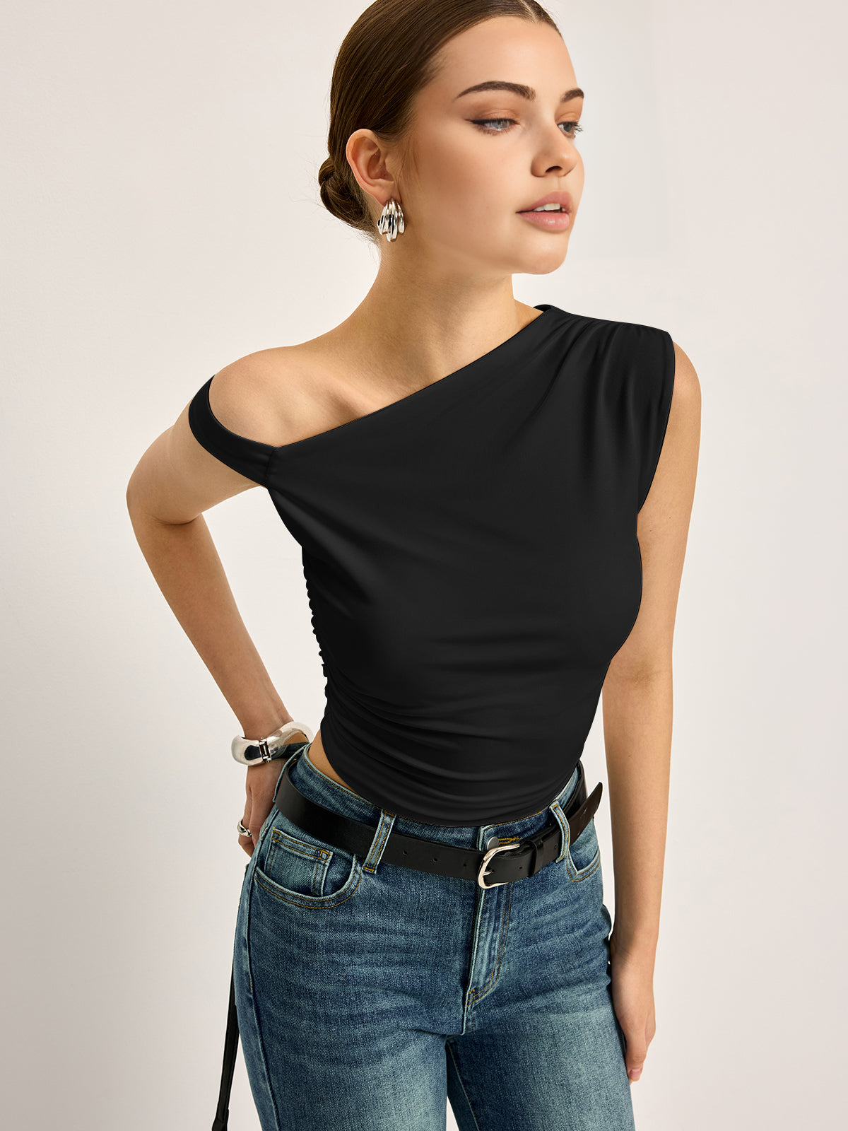 Women’s Asymmetrical Neck Jersey Top — Short Sleeve Stretch Regular Fit Casual Work Essential Blouse