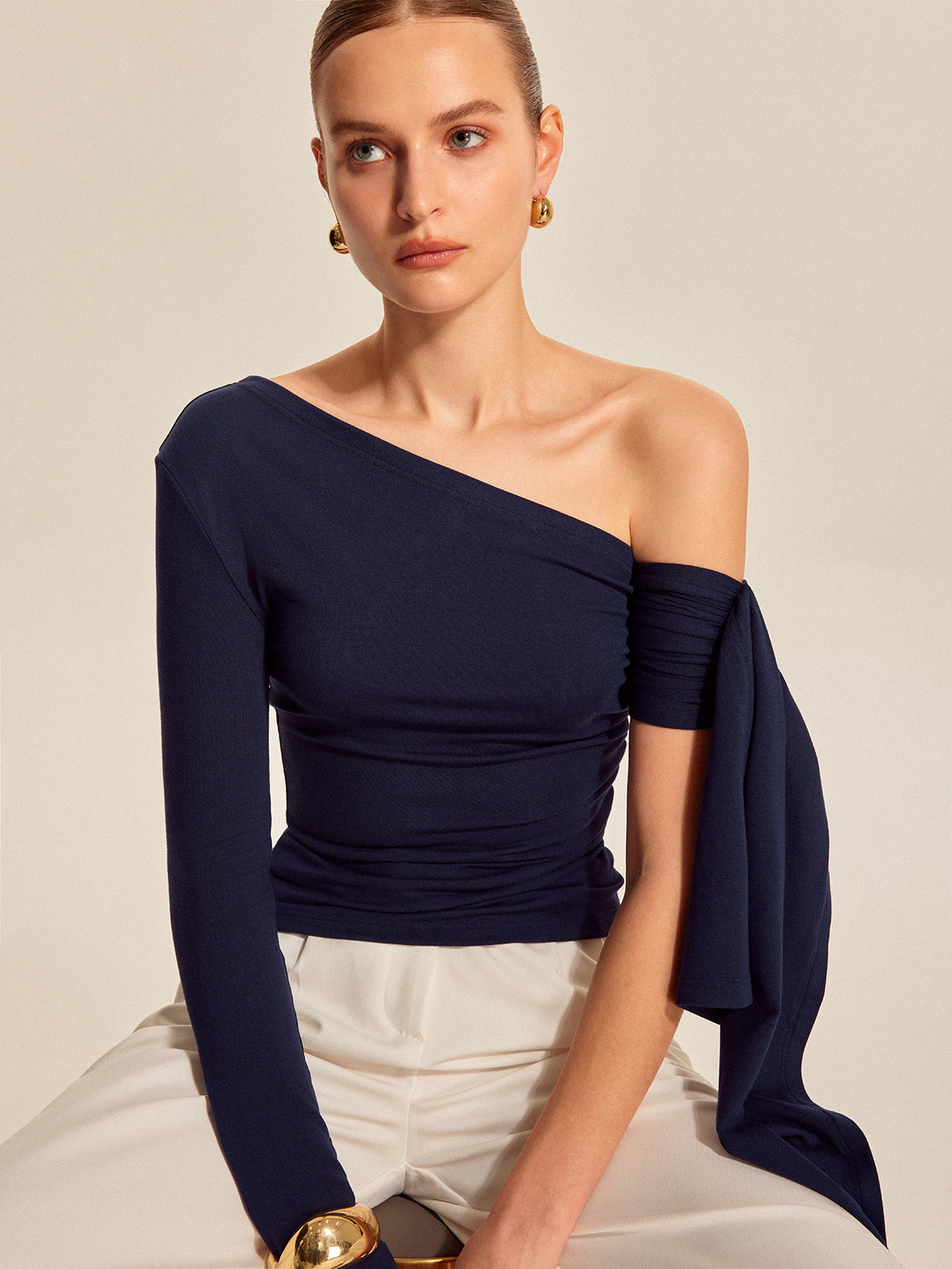 Women’s Asymmetrical Cold Shoulder Top — Long Sleeve Jersey Slim Fit Stretch Work to Casual Blouse
