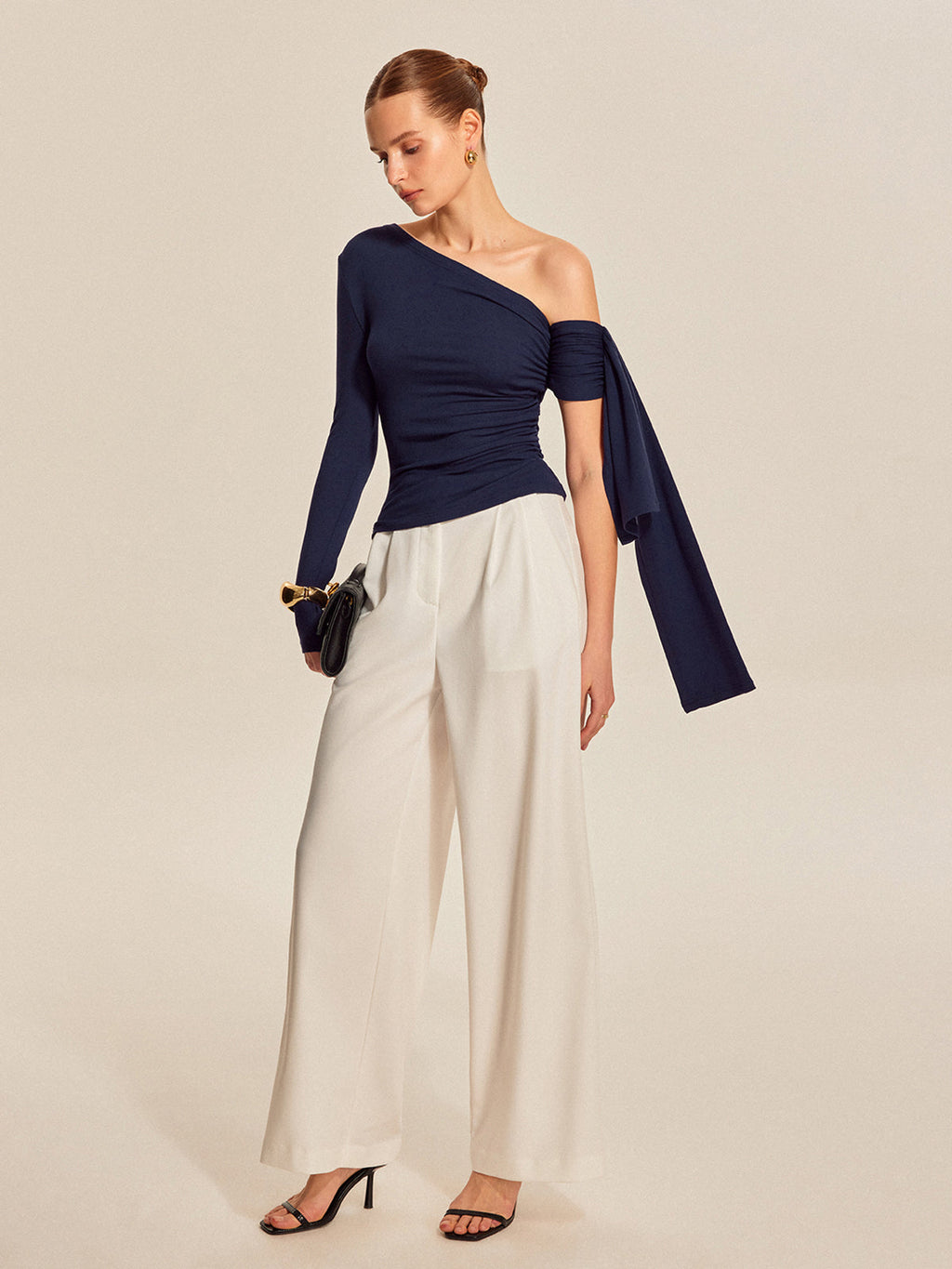 Women’s Asymmetrical Cold Shoulder Top — Long Sleeve Jersey Slim Fit Stretch Work to Casual Blouse
