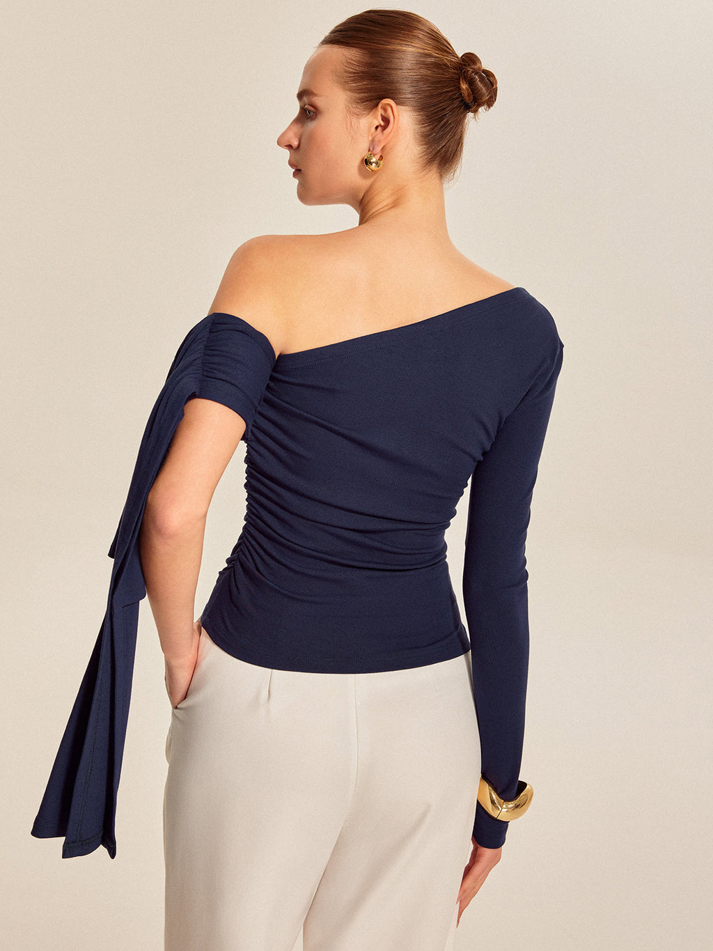 Women’s Asymmetrical Cold Shoulder Top — Long Sleeve Jersey Slim Fit Stretch Work to Casual Blouse