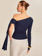 Women’s Asymmetrical Cold Shoulder Top — Long Sleeve Jersey Slim Fit Stretch Work to Casual Blouse