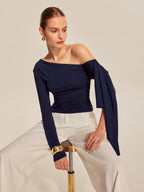 Women’s Asymmetrical Cold Shoulder Top — Long Sleeve Jersey Slim Fit Stretch Work to Casual Blouse