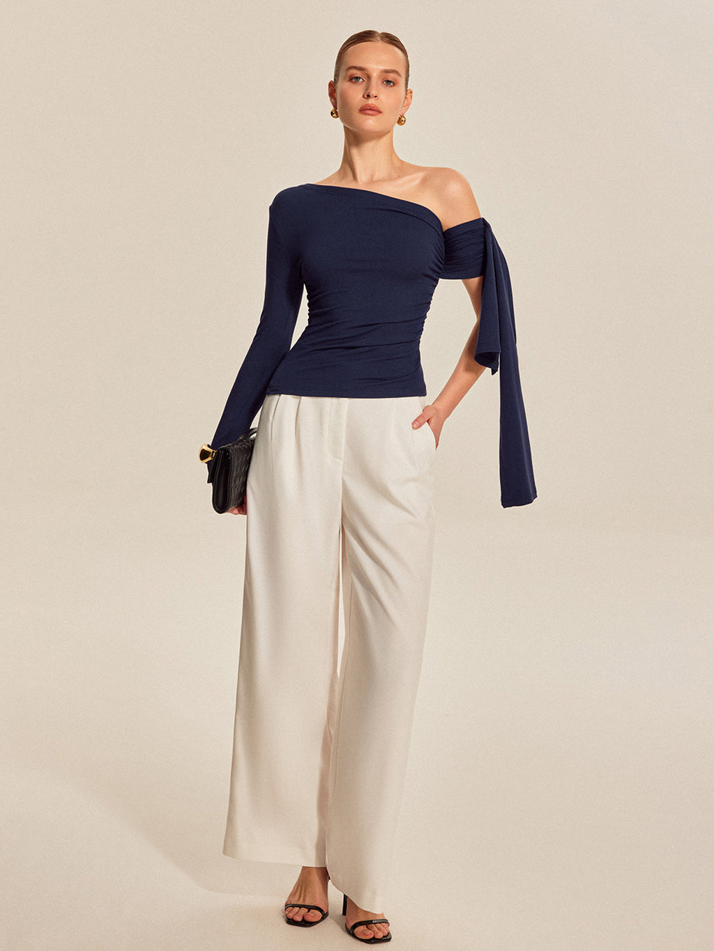 Women’s Asymmetrical Cold Shoulder Top — Long Sleeve Jersey Slim Fit Stretch Work to Casual Blouse