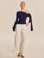 Women’s Asymmetrical Cold Shoulder Top — Long Sleeve Jersey Slim Fit Stretch Work to Casual Blouse