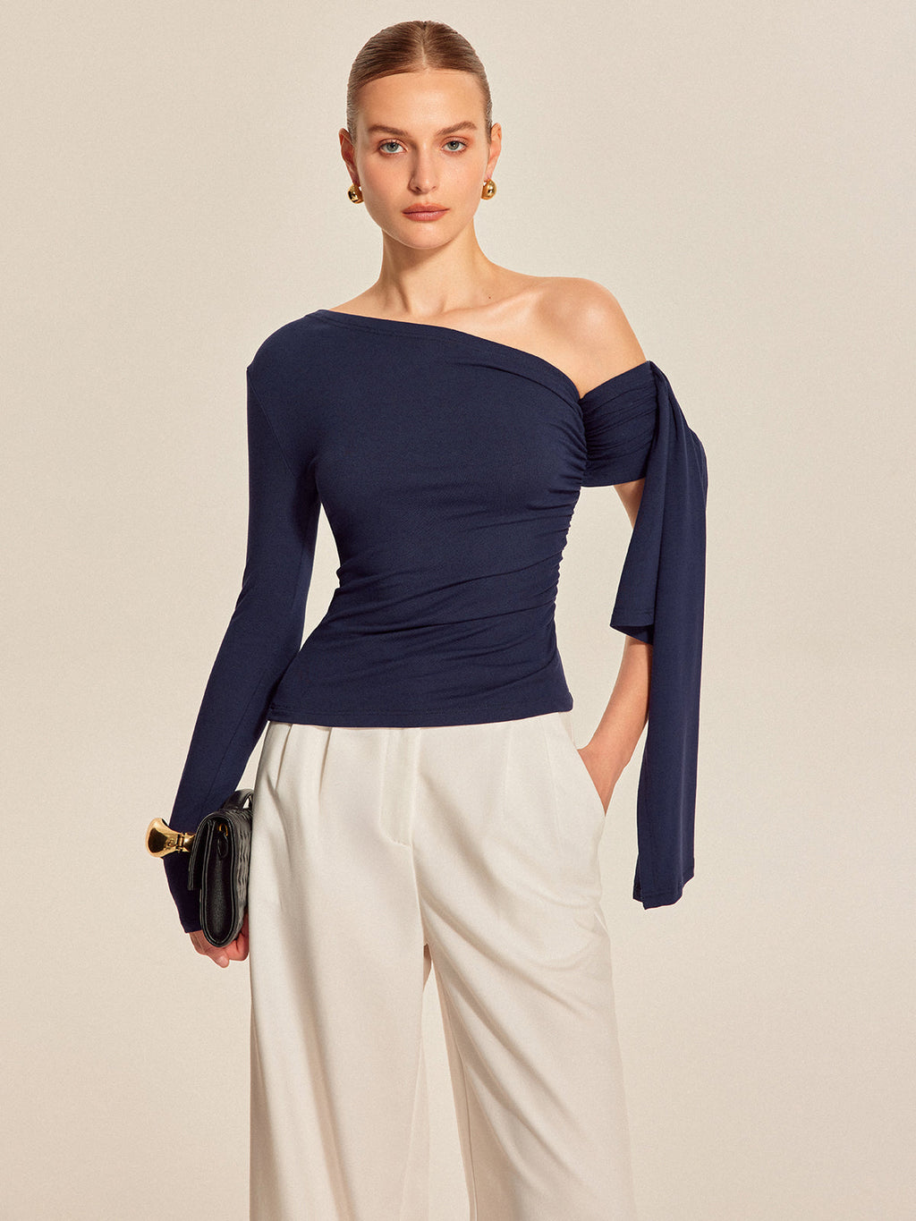 Women’s Asymmetrical Cold Shoulder Top — Long Sleeve Jersey Slim Fit Stretch Work to Casual Blouse