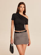 Women’s Cold Shoulder Jersey Top — Asymmetrical Neck Short Sleeve Slim Fit Casual Stretch Crop Top