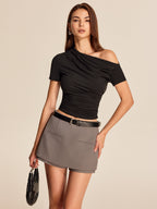 Women’s Cold Shoulder Jersey Top — Asymmetrical Neck Short Sleeve Slim Fit Casual Stretch Crop Top