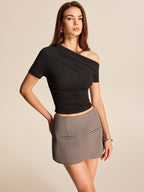 Women’s Cold Shoulder Jersey Top — Asymmetrical Neck Short Sleeve Slim Fit Casual Stretch Crop Top