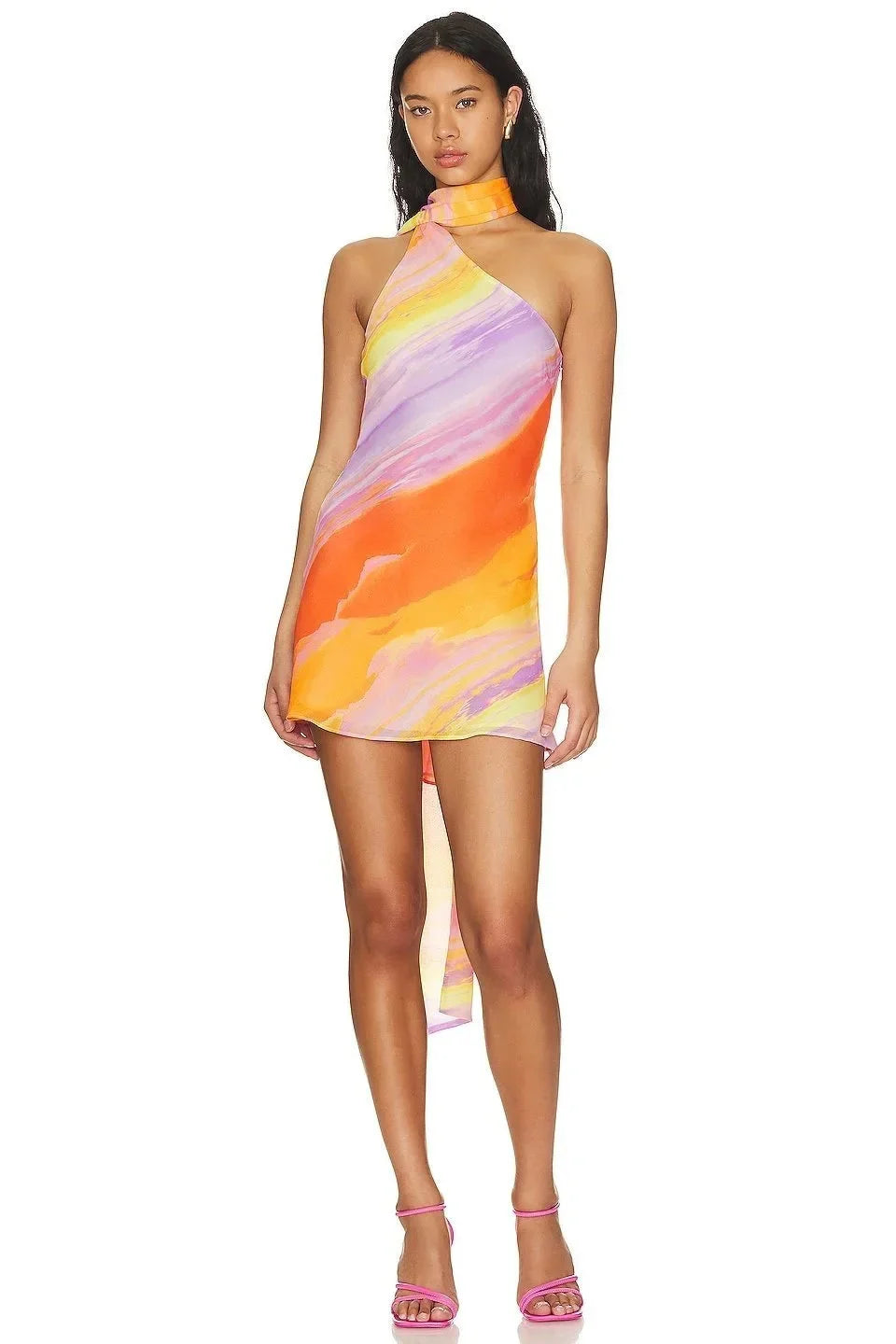 Aubrey Vibrant Halter Neck Mini Dress – Tropical Summer Flowing Beach Dress