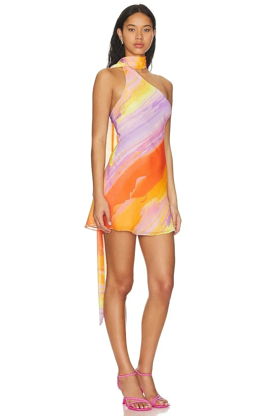 Aubrey Vibrant Halter Neck Mini Dress – Tropical Summer Flowing Beach Dress