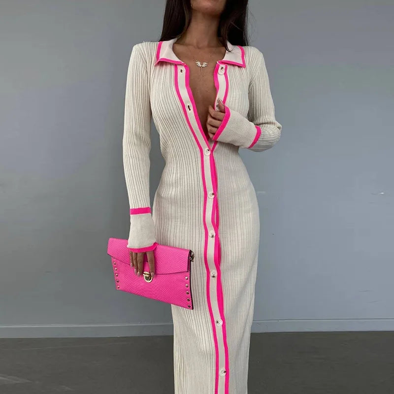 Cream Contrast Trim Ribbed Knit Button-Down Midi Dress Women's Collared Long Sleeve Bodycon Dress