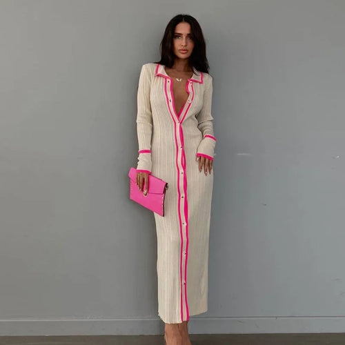 Cream Contrast Trim Ribbed Knit Button-Down Midi Dress Women's Collared Long Sleeve Bodycon Dress