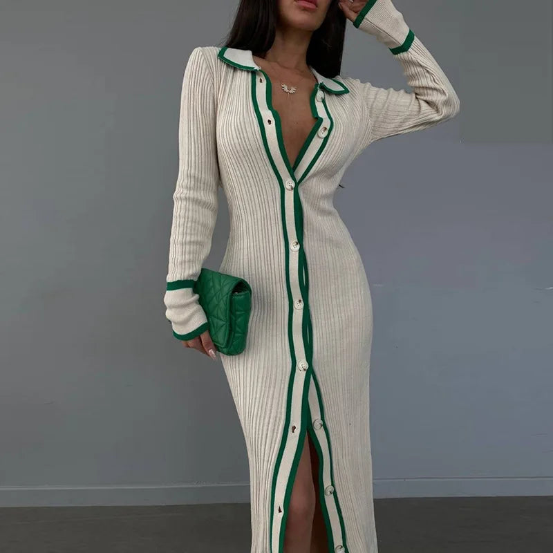 Cream Contrast Trim Ribbed Knit Button-Down Midi Dress Women's Collared Long Sleeve Bodycon Dress