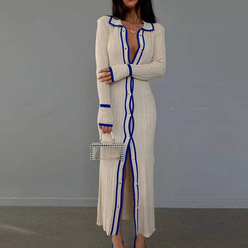 Cream Contrast Trim Ribbed Knit Button-Down Midi Dress Women's Collared Long Sleeve Bodycon Dress