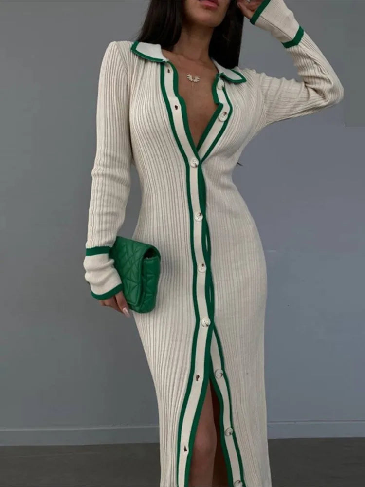 Cream Contrast Trim Ribbed Knit Button-Down Midi Dress Women's Collared Long Sleeve Bodycon Dress