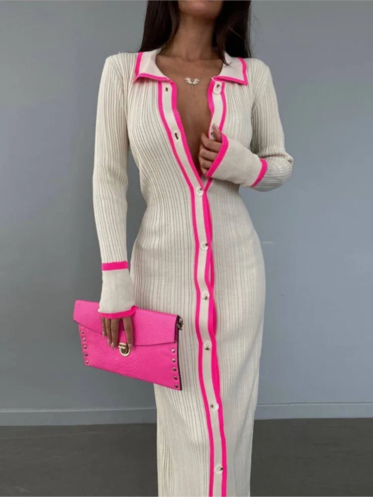 Cream Contrast Trim Ribbed Knit Button-Down Midi Dress Women's Collared Long Sleeve Bodycon Dress