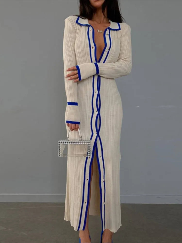 Cream Contrast Trim Ribbed Knit Button-Down Midi Dress Women's Collared Long Sleeve Bodycon Dress