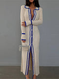 Cream Contrast Trim Ribbed Knit Button-Down Midi Dress Women's Collared Long Sleeve Bodycon Dress