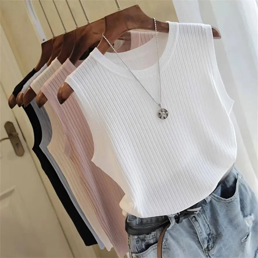 Ava Sleeveless Knitted Vest Top — Women’s Lightweight O-Neck Summer Knit Tank Casual Layering Top