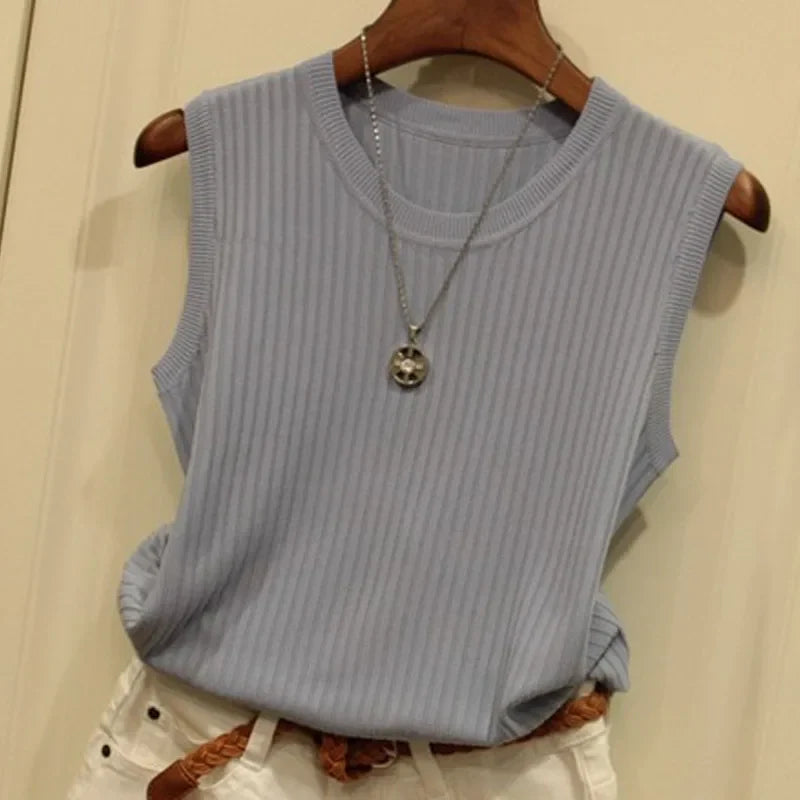 Ava Sleeveless Knitted Vest Top — Women’s Lightweight O-Neck Summer Knit Tank Casual Layering Top