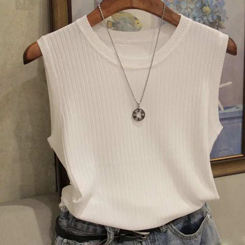 Ava Sleeveless Knitted Vest Top — Women’s Lightweight O-Neck Summer Knit Tank Casual Layering Top