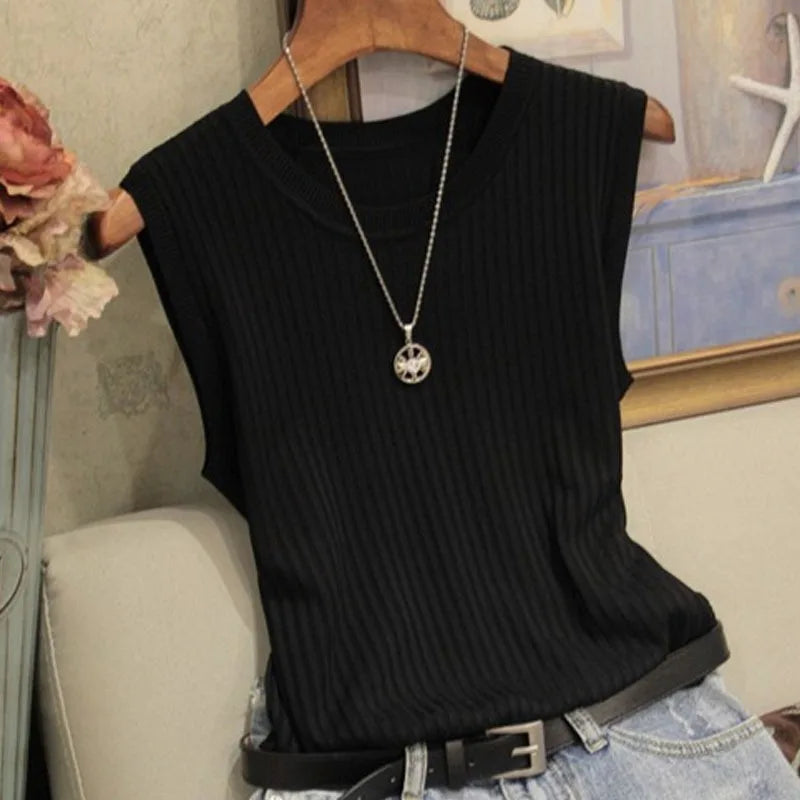 Ava Sleeveless Knitted Vest Top — Women’s Lightweight O-Neck Summer Knit Tank Casual Layering Top